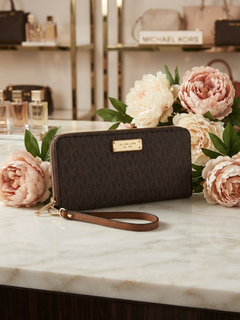 Michael Kors Dark Brown Logo Zip-Around Wristlet